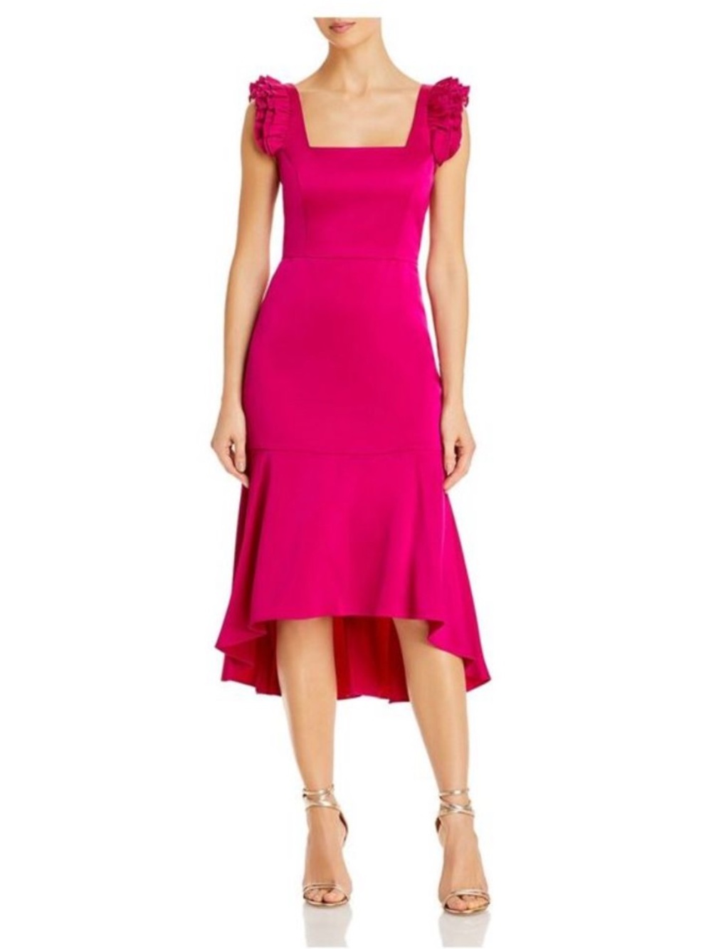 Aidan Mattox Fuchsia Square-Neck High-Low Dress with Ruffled Shoulders